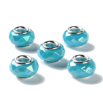 Opaque Brass Cores Acrylic European Beads, Rondelle, Large Hole Bead, Faceted, Silver, Dark Turquoise, 15x9mm, Hole: 5mm