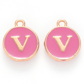 Golden Plated Alloy Enamel Charms, Cadmium Free & Lead Free, Enamelled Sequins, Flat Round with Letter, Camellia, Letter.V, 14x12x2mm, Hole: 1.5mm