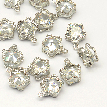 Flower Alloy Charms, with Cubic Zirconia, Platinum, 12x9x5mm, Hole: 1mm