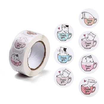 Thank You Stickers Roll, Flat Round Adhesive Paper Sticker, for Gift Package, Cat Pattern, 2.5x0.01cm, 500pcs/roll