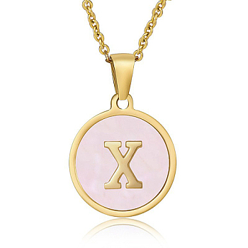 Natural Shell Initial Letter Pendant Necklace, with Golden Stainless Steel Cable Chains, Letter X, 17.72 inch(45cm)