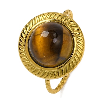 Round Natural Tiger Eye Finger Rings, Golden Tone 304 Stainless Steel Cuff Rings for Women, US Size 7 1/4(17.5mm)