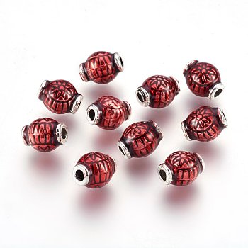 Antique Silver Plated Alloy Enamel Beads, Lantern, Red, 9x7mm, Hole: 2mm