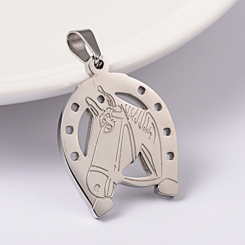304 Stainless Steel Pendants, Horse with Horseshoe, Stainless Steel Color, 27x21x2mm, Hole: 6x4mm