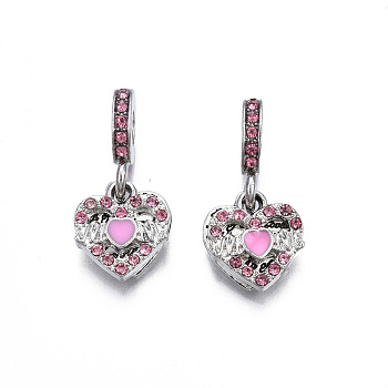 Rack Plating Alloy Enamel European Dangle Charms, with Rhinestone, Large Hole Beads, Cadmium Free & Lead Free, Antique Silver, Heart with Word, Rose, 25.5mm, Hole: 4.5mm, Heart: 13.5x12.5x1.5~2.5mm