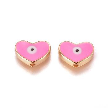 Golden Tone Brass Beads, with Enamel, Heart with Evil Eye, Pink, 11x15x4.5mm, Hole: 1.6mm