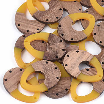 Resin & Walnut Wood Chandelier Components Links, teardrop, Gold, 37.5x28x3~3.5mm, Hole: 1.8mm