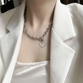 Heart Stainless Steel Pendant Paperclip Chain Necklaces, Stainless Steel Color, 17.72 inch(45cm)