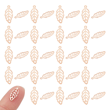 40Pcs Ion Plating(IP) 304 Stainless Steel Charms, Hollow, Leaf, Rose Gold, 13x5.5x0.3mm, Hole: 1mm