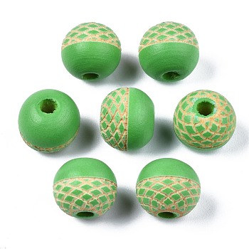 Painted Natural Wood Beads, Laser Engraved Pattern, Round, Lime Green, 10x9mm, Hole: 2.5mm