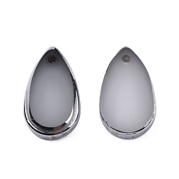 Electroplated Glass Charms, Edge Silver Plated, Teardrop, Dark Gray, 14.5x8.5x3mm, Hole: 1mm