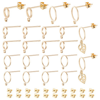 20Pcs 2 Styles Brass Ring Stud Earring Findings, with Horizontal Loops, 20Pcs Jump Rings, 20Pcs Ear Nuts, Real 18K Gold Plated, 8~12.5x6~10mm, Hole: 1~1.4mm, 10Pcs/style