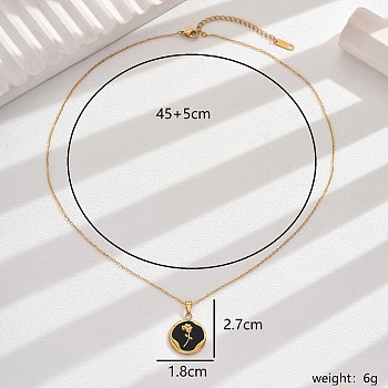 Vintage Luxury Stainless Steel Enamel Rose Pendant Necklaces for Women Daily Wear, Real 18K Gold Plated, Black, 17.72 inch(45cm)