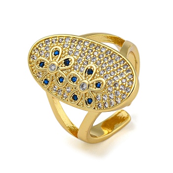 Oval with Flower Brass Micro Pave Cubic Zirconia Open Cuff Rings for Women, Cadmium Free & Lead Free, Real 18K Gold Plated, Adjustable, Oval: 22.5x12.5mm