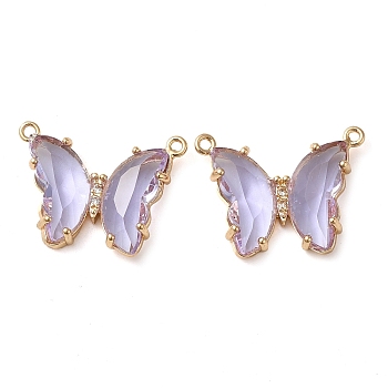 Brass Pave Faceted Glass Connector Charms, Golden Tone Butterfly Links, Lilac, 17.5x23x5mm, Hole: 0.9mm