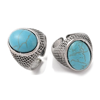 Oval Synthetic Turquoise Cuff Rings, Alloy Wide Open Rings for Women, Cadmium Free & Lead Free, Antique Silver, 20.5mm, Inner Diameter: Adjustable