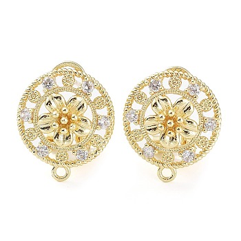 Hollow Flower Brass Micro Pave Cubic Zirconia Stud Earrings Finding, with Horizontal Loops, Cadmium Free & Lead Free, Real 18K Gold Plated, 18x16mm, Hole: 1.5mm, Pin: 0.8mm