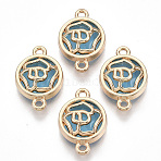 Glass Links connectors, with Light Gold Plated Alloy Findings, Flat Round with Flower, Dodger Blue, 19.5x13.5x5.5mm, Hole: 1.6mm(GLAA-T015-02D)