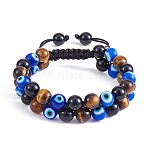 Natural Obsidian & Tiger Eye & Evil Eye Lampwork Braided Bead Bracelet, Double Layer Gemstone Bracelet for Women, Inner Diameter: 2-1/8~3-1/8 inch(5.3~7.8cm) (BJEW-SW00001-20)