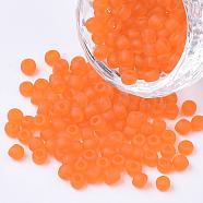 12/0 Frosted Round Glass Seed Beads, Orange, Size: about 2mm in diameter, hole:1mm, about 3304pcs/50g(X-SEED-A008-2mm-M9)