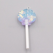 Resin Pendants, with Platinum Tone Iron Loop and Paillette/Sequins, Plastic Handle, Shell Lollipop, Sky Blue, 50x20x10mm(RESI-WH0025-12B)