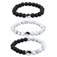 3Pcs 3 Styles Natural Howlite & Frosted Black Stone Beaded Stretch Bracelets Set, Yin Yang Alloy Stackable Bracelets, Black and White, Inner Diameter: 2-1/8~2-3/8 inch(5.5~6cm), 1Pc/style(BJEW-FI0001-21)