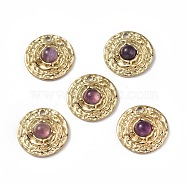 Vacuum Plating 201 Stainless Steel Natural Amethyst Pendants, Real 18K Gold Plated, Flat Round Charms, 19x5mm, Hole: 1.8mm(STAS-C064-VC884)