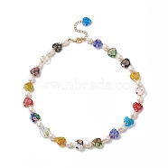 Natural Pearl & Millefiori & Brass Beaded Necklace for Women, Heart Pattern, 16.61 inch(42.2cm)(NJEW-JN04177-02)