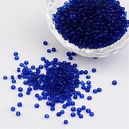 12/0 Glass Seed Beads, Transparent, Round, Blue, 2mm, Hole: 1mm, about 3100pcs/50g(X-SEED-A004-2mm-8)