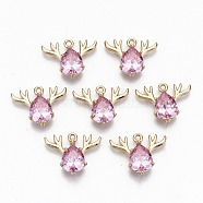 Brass Glass Rhinestone Pendants, Long-Lasting Plated, Cadmium Free & Lead Free, Christmas Reindeer/Stag, for Christmas, Light Gold, Light Rose, 15x20x5mm, Hole: 1.5mm(GLAA-S179-24B-RS)