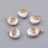 Natural Cultured Freshwater Pearl Pendants, with Cubic Zirconia and Brass Findings, Long-Lasting Plated, Eye, Real 18K Gold Plated, 14~21x9~16x5~9mm, Hole: 1.5mm(PEAR-F008-27G)