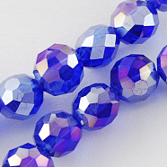 Electroplate Glass Beads Strands, AB Color Plated, Faceted, Flat Round, Blue, 10x7~8mm, Hole: 1mm, about 50pcs/strand, 18.5 inch(EGLA-R034-10mm-06-K)