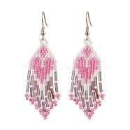 Heart Glass Seed Beaded Tassel Dangle Earrings for Women, Golden, Hot Pink, 69x20mm(EJEW-MZ00201-02)