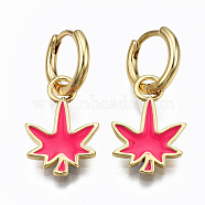 Brass Enamel Huggie Hoop Earrings, Nickel Free, Real 16K Gold Plated, Maple Leaf, Camellia, 27x13mm, Pin: 1mm(EJEW-T014-28G-04-NF)