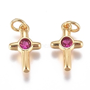 Brass Micro Pave Cubic Zirconia Tiny Cross Charms, with Jump Ring, Long-Lasting Plated, Golden, Hot Pink, 12.5x8x2mm, Hole: 3mm(ZIRC-G168-54G-01)