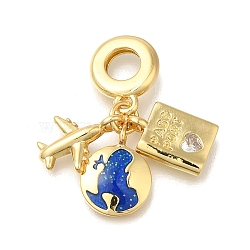 Brass Cubic Zirconia Travel European Dangle Charms, Plane & Luggage & Map Enamel Large Hole Pendants, Real 16K Gold Plated, Blue, 26mm, Hole: 5mm(KK-R002-20G-01)