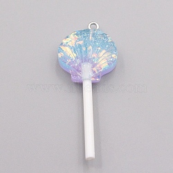 Resin Pendants, with Platinum Tone Iron Loop and Paillette/Sequins, Plastic Handle, Shell Lollipop, Sky Blue, 50x20x10mm(RESI-WH0025-12B)