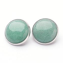 Natural Green Aventurine Brass Clip-on Earrings, Flat Round, Platinum, 14~15x12~13mm(EJEW-A051-A009)