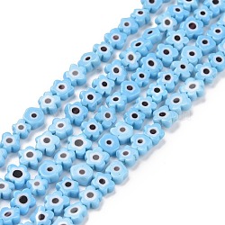 Handmade Millefiori Glass Bead Strands, Flower, Light Sky Blue, 5.5~8x2.5mm, Hole: 1mm, about 64~67pcs/strand, 15.75 inch~16.34 inch(40~41.5cm)(LAMP-J035-6mm-54)