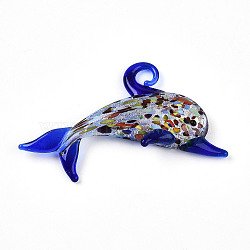 Handmade Silver Foil Lampwork Big Pendants, Dolphin Charms, Blue, 45~49x65~68x9~11mm, Hole: 5~6x5~6mm(LAMP-T023-13B)