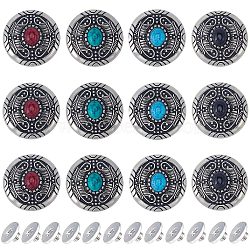 12Pcs 4 Colors 1-Hole Alloy & Cat eye Turquoise Buttons, Flat Round with Leaf Pattern, for DIY Luggage and Hardware Accessaries, Mixed Color, 30x11~11.8mm, Hole: 2.5mm, 3pcs/color(FIND-GF0004-52)