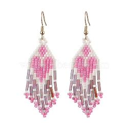 Heart Glass Seed Beaded Tassel Dangle Earrings for Women, Golden, Hot Pink, 69x20mm(EJEW-MZ00201-02)