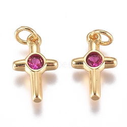 Brass Micro Pave Cubic Zirconia Tiny Cross Charms, with Jump Ring, Long-Lasting Plated, Golden, Hot Pink, 12.5x8x2mm, Hole: 3mm(ZIRC-G168-54G-01)
