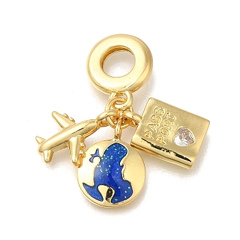 Brass Cubic Zirconia Travel European Dangle Charms, Plane & Luggage & Map Enamel Large Hole Pendants, Real 16K Gold Plated, Blue, 26mm, Hole: 5mm