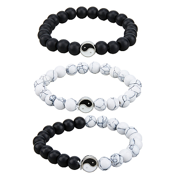 3Pcs 3 Styles Natural Howlite & Frosted Black Stone Beaded Stretch Bracelets Set, Yin Yang Alloy Stackable Bracelets, Black and White, Inner Diameter: 2-1/8~2-3/8 inch(5.5~6cm), 1Pc/style