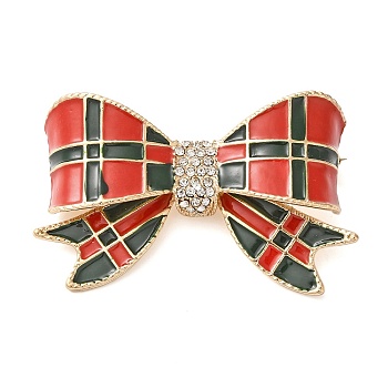 Alloy Crystal Rhinestone Brooch, Tartan Bowknot Enamel Pins for Clothes Backpack, Red, 36x58.5mm