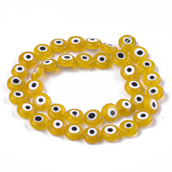 Handmade Evil Eye Lampwork Beads Strands, Flat Round, Goldenrod, 9.5x3.5mm, Hole: 1.2mm, about 38pcs/strand, 14.1 inch~14.5 inch
