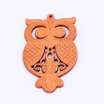 Wood Big Pendants, Owl, Chocolate, 68x40x2.5mm, Hole: 1.8mm