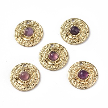 Vacuum Plating 201 Stainless Steel Natural Amethyst Pendants, Real 18K Gold Plated, Flat Round Charms, 19x5mm, Hole: 1.8mm