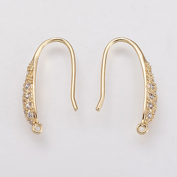 Brass Micro Pave Cubic Zirconia Earring Hooks, with Horizontal Loop, Real 18K Gold Plated, 19.5x3x9mm, Hole: 1mm, 18 Gauge, Pin: 1mm